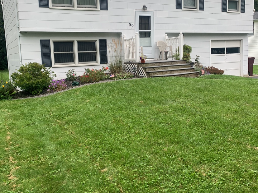 Exterior house painting — white siding with blue shutters